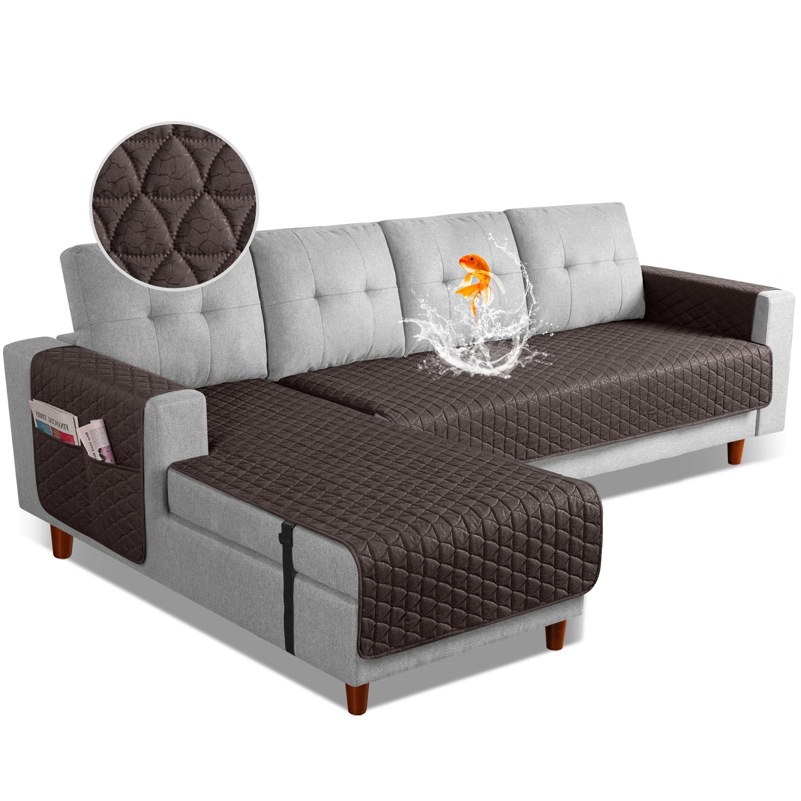 TAOCOCO Sectional Couch Covers 100% Waterproof L Shaped Sofa Covers for Left Hand Facing Chaise Lounge, 2 Pieces Couch Cover L Shape Furniture Protector Slipcover for Pets Kids, Large/Chocolate