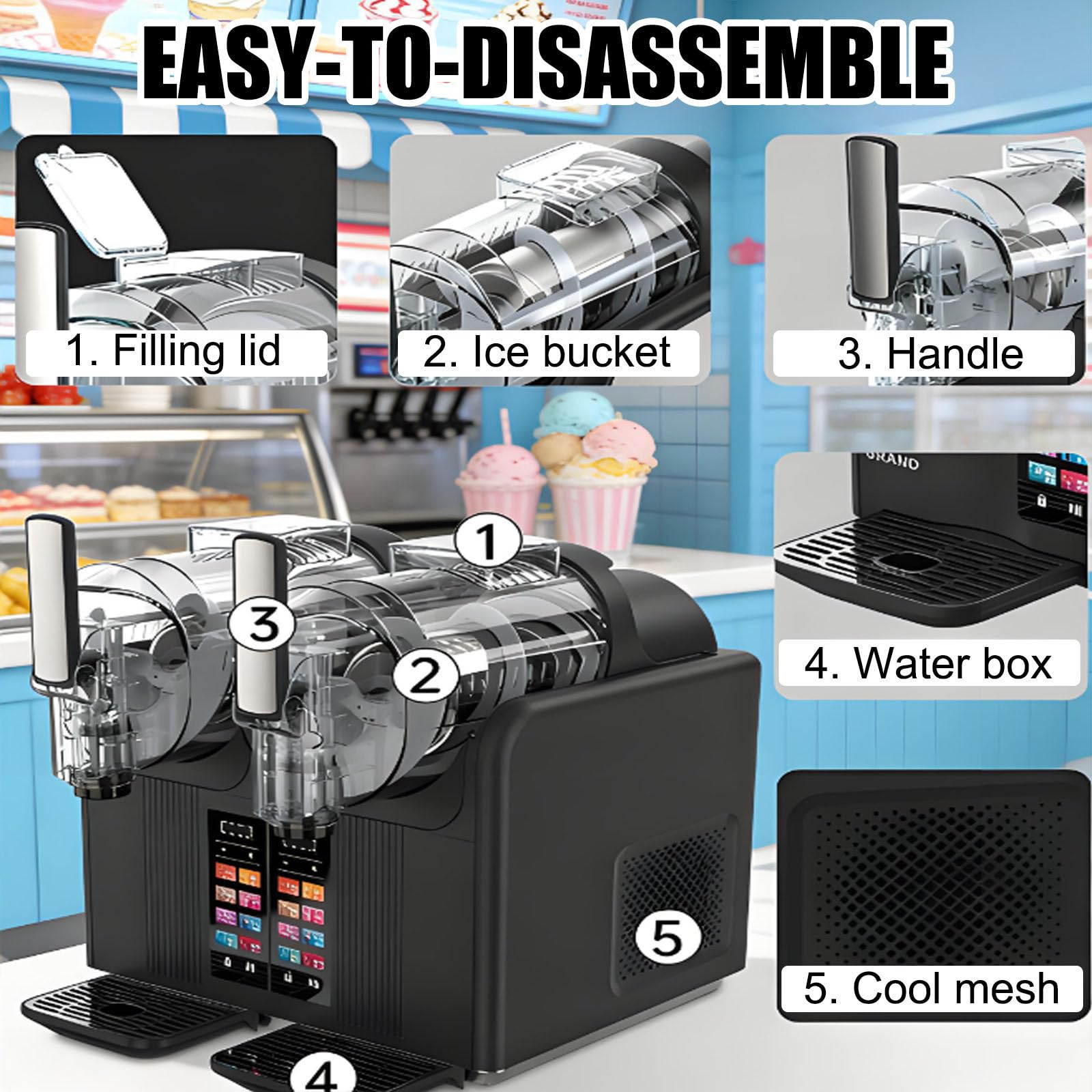 Máquina Para Hacer Granizados, Máquina Para Granizados 7 En 1, Máquina De Helado Suave De Doble Cabezal, Dos Depósitos De 2 Litros, 430 W, Panel Táctil Con Limpieza Automática Black