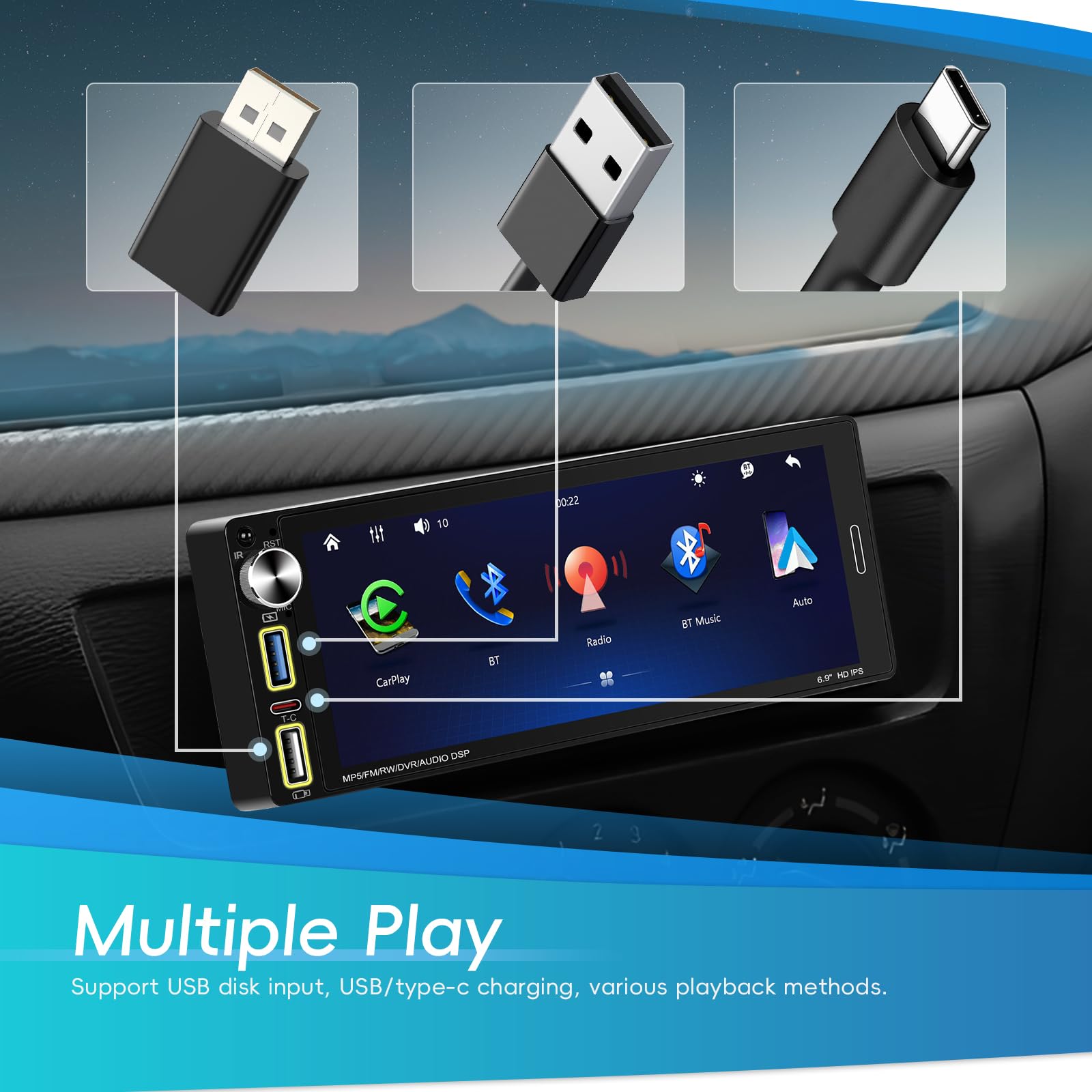 Hikity 6.9" 1 DIN CarPlay Radio Coche con Bluetooth FM Cámara Trasera | IPS Pantalla Táctil Android Auto Wireless CarPlay Mirror Link EQ Control del Volante Manos Libres USB AUX