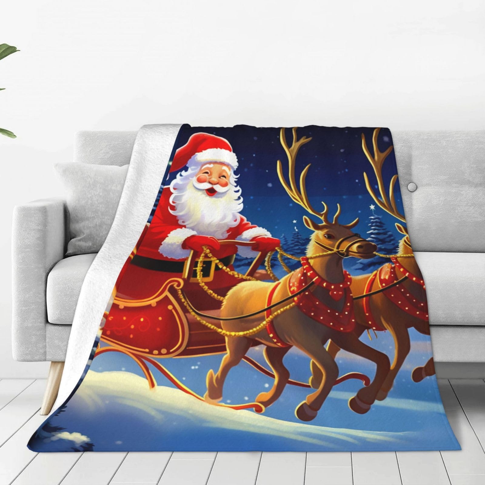 Santa on Sleigh Throw Blanket for Couch, Plush Fuzzy Soft Flannel Blankets and Throws for Sofa, 50"x40" Bed Blankets for Travel Camping Chair, All Season Warm Fleece Blanket