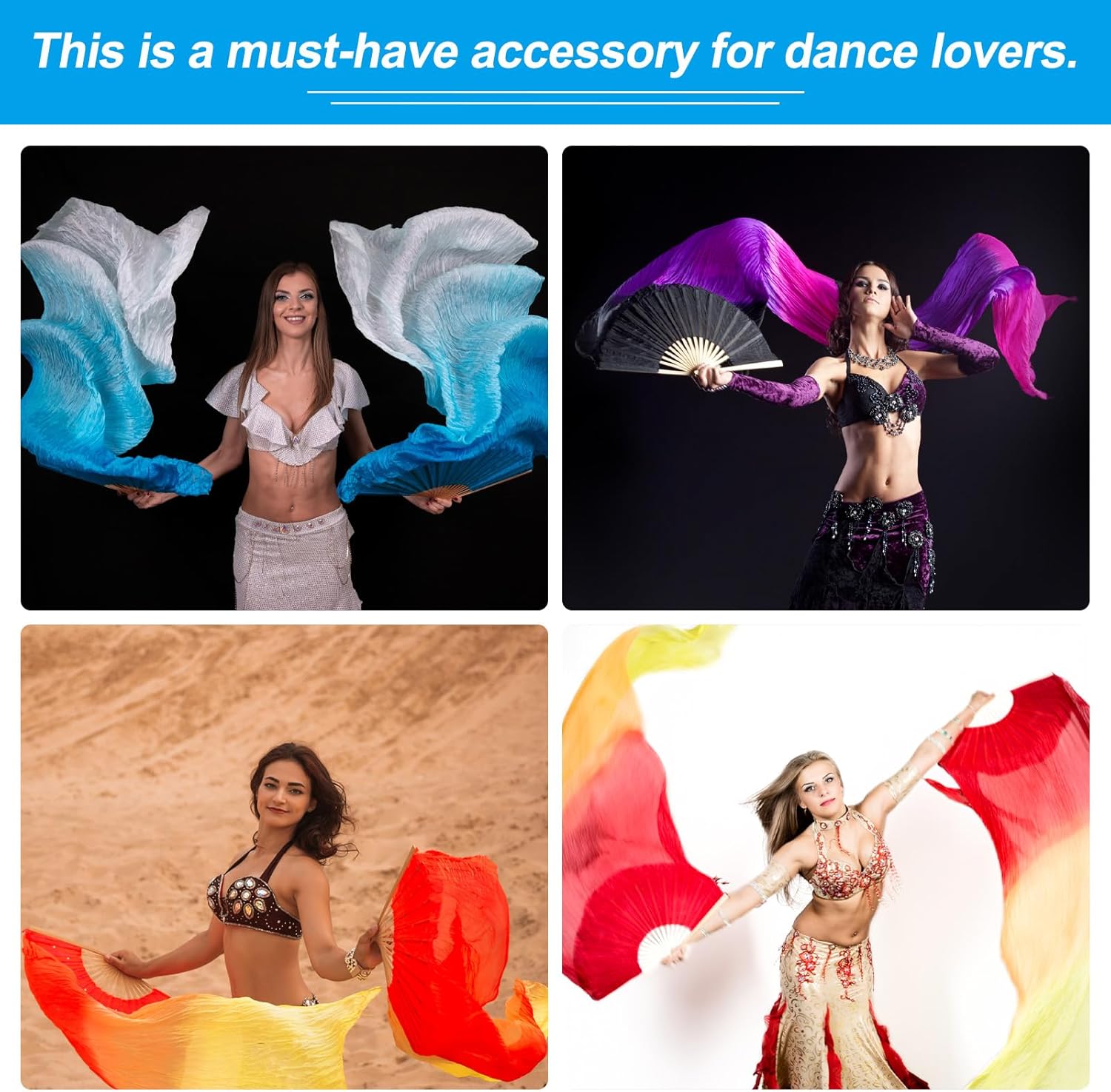 PATIKIL Belly Dance Silk Fan Veil 71", 2 Pair (Left+Right) Women Long Folding Dance Fan Wood Fan for Dance Performance, White Gray Black