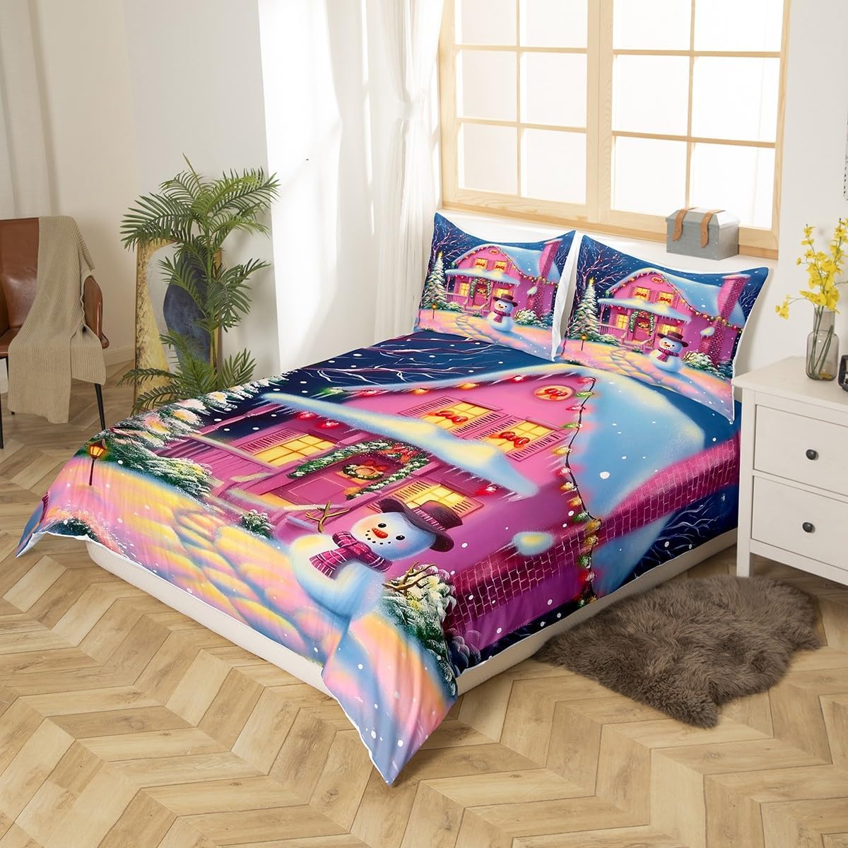 Merry Christmas Duvet Cover Set King Size,Cartoon Snowman Xmas Pine Tree Bedding Set,Girls Women Room Decor,Rustic Cabin Farmhouse Comforter Cover,Pink Dreamy Quilt Cover,2 Pillowcases(No Comforter)