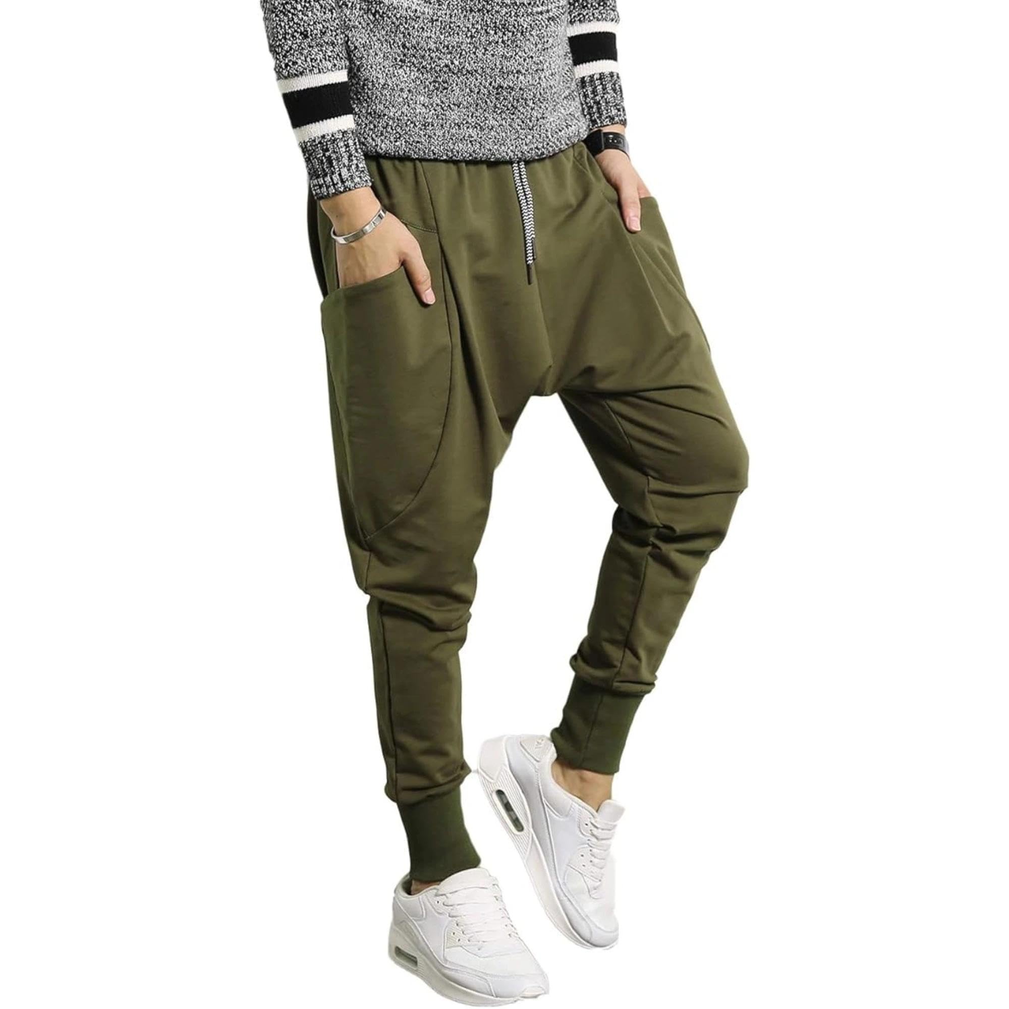 Maiyifu-GJ Men Drop Crotch Jogging Harem Pants Baggy Elastic Waist Hip Hop Sweatpants Hippie Ankle Length Sweats Trousers
