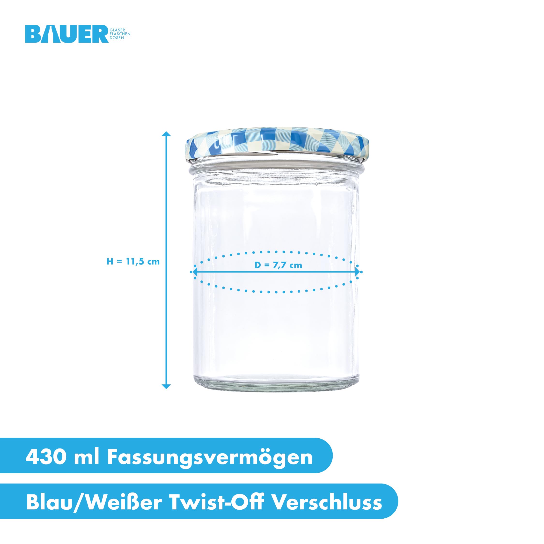 flaschenbauer.de 48er Set Sturzgläser 430 ml inkl. Twist Off Deckel TO82 zum Einmachen von Suppen (Deckel Blau, TO82)