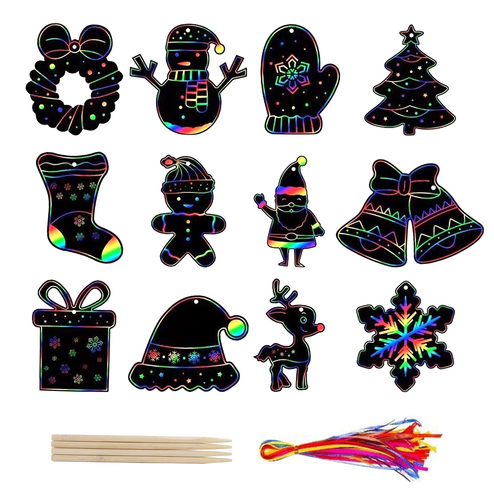 FACHOI Christmas Scratch Crafts Art for Kids, Christmas Tree Snowman Reindeer Scratch Cards Hanging Ornament for Kids Party Favors F6-SDGGH (Raibow-B)