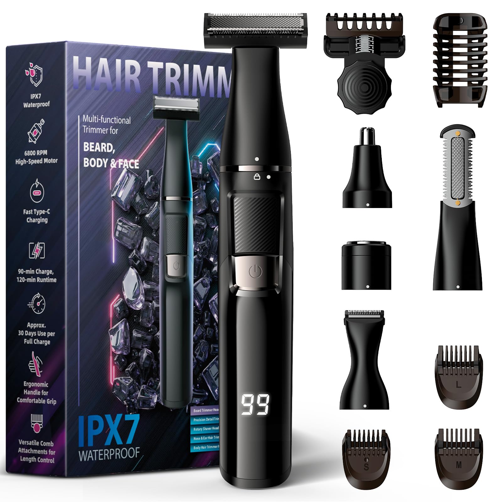 Electric Razor for Men 5 in 1 Beard Trimmer Kit with Adjustable 1 8mm Comb Body Shaver Nose