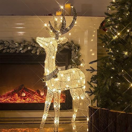 EAMBRITE 48" 70LT pre-iluminado Navidad brillante renos con campana dorada y luz brillante al aire libre de malla de pie Buck ciervos decoraciones