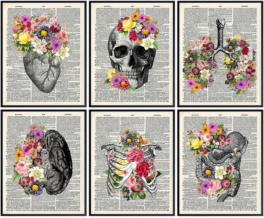 Medical Dictionary Art Set - 8x10 Vintage Anatomical Posters - Floral Wall Decor for Doctors Office, Clinic, Med Student Dorm - Shabby Chic Gift for Nurses, Physicians Assistant, PA - Unframed Photos