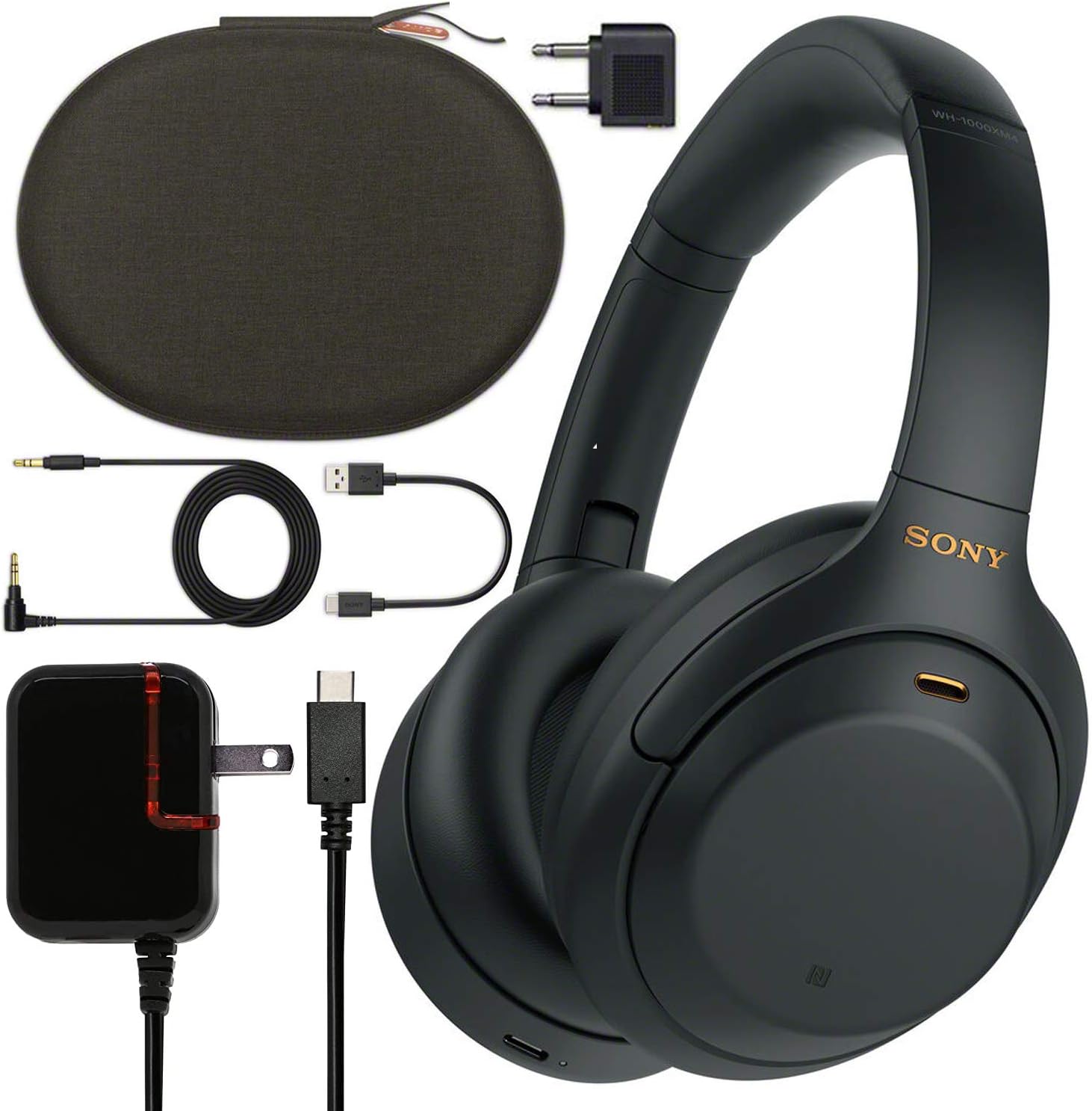 Sony WH-1000XM4 Wireless Noise-Canceling Over-Ear Headphones (Black WH1000XM4/B) Bundle + Wall Charger with USB Type-C Cable