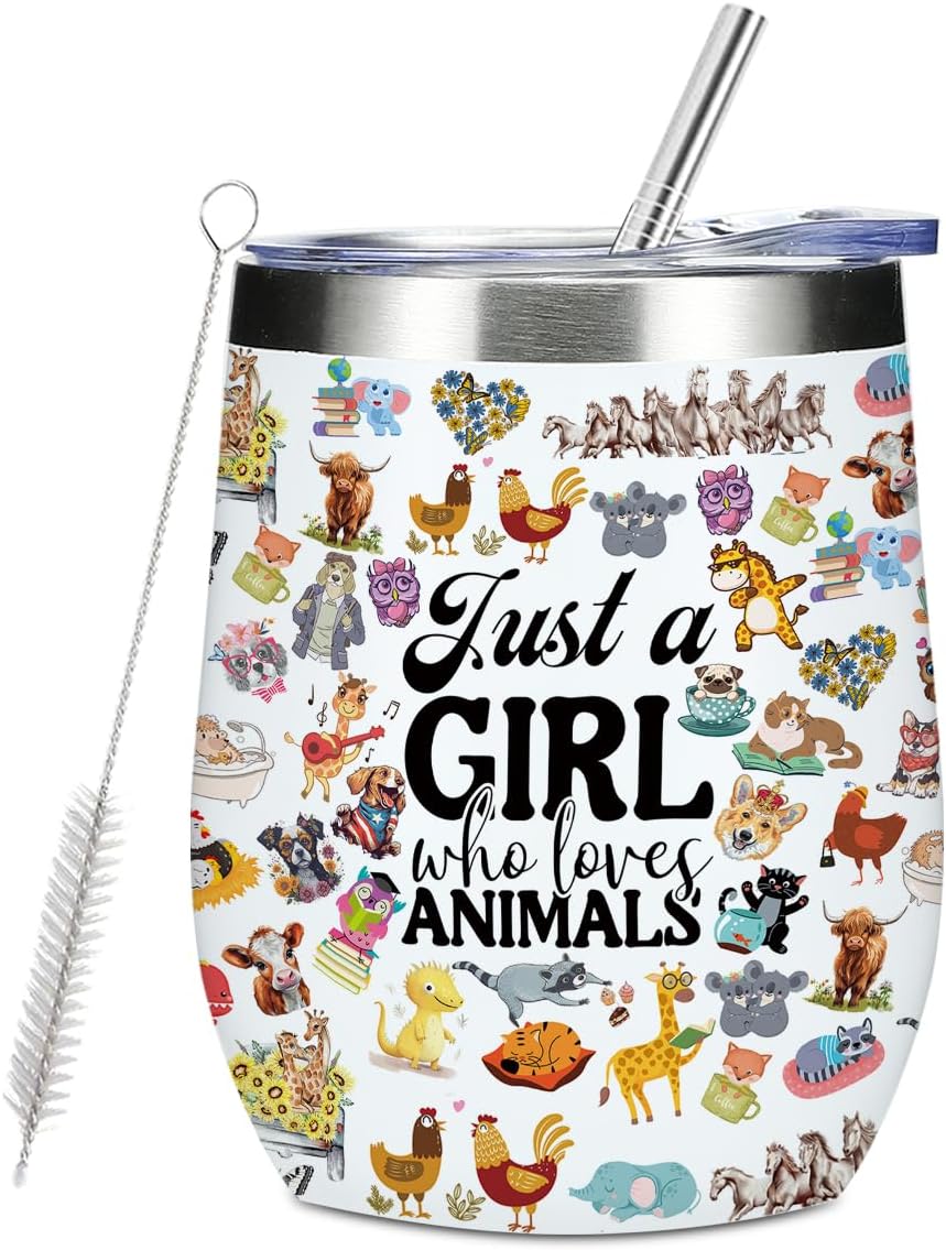A Girl Loves Animals Animal Lovers Gifts for Women Wine Tumbler Friendship Christmas Birthday Gift for Women Animal Lovers Girls Sister Wine Glass Stainless Steel Insulated Travel Cup with Lid, 12oz