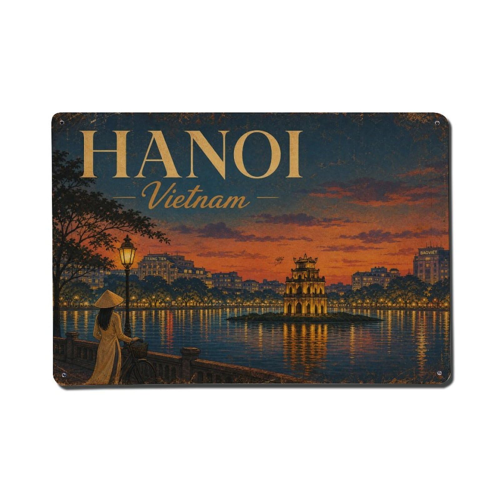 Hanoi Vietnam Evening Lake Landmark Regional Travel Metal Tin Sign