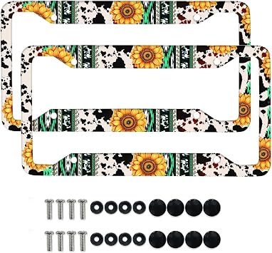 Wanyint Aztec Sunflower Cow Print Green Car License Plate Frame Holder Automotive Tag with Screws Car Decorative Accessories Set of 2