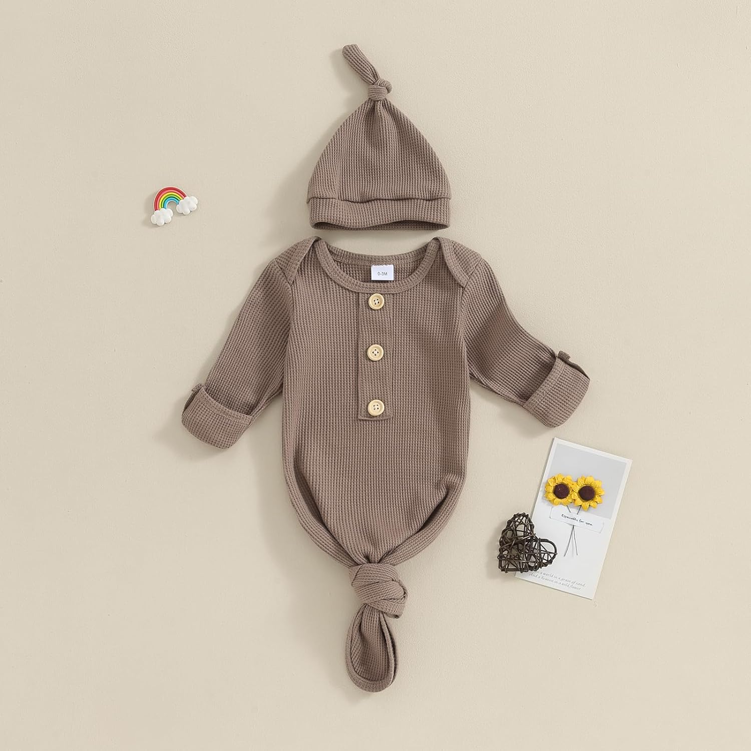 BULINGNA Newborn Baby Boys Girls Knotted Gown with Hat Set, Unisex Infant Nightgown with Mittens Sleepwear One Piece Pajamas - Image 4