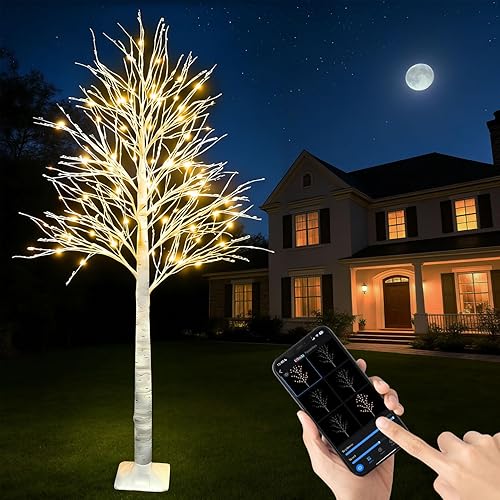 Árbol de abedul iluminado inteligente de 6 pies con luces LED WW para decoración de Navidad, control de aplicación y botón, sincronización musical,