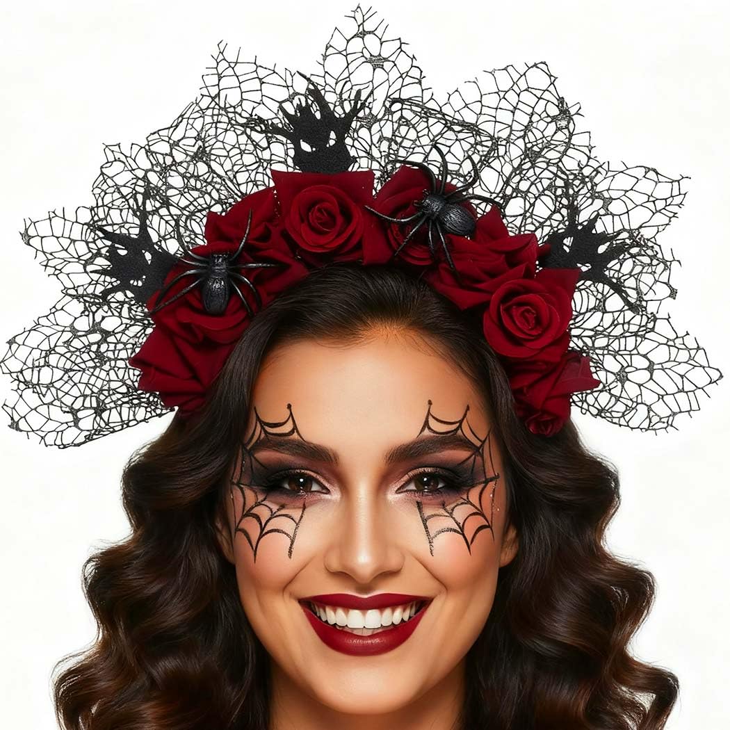 Zoestar Rose Flower Halloween Headband Mexican Floral Crown Headbands Black Spider Headpiece Day of the Dead Hair Accessories for Women