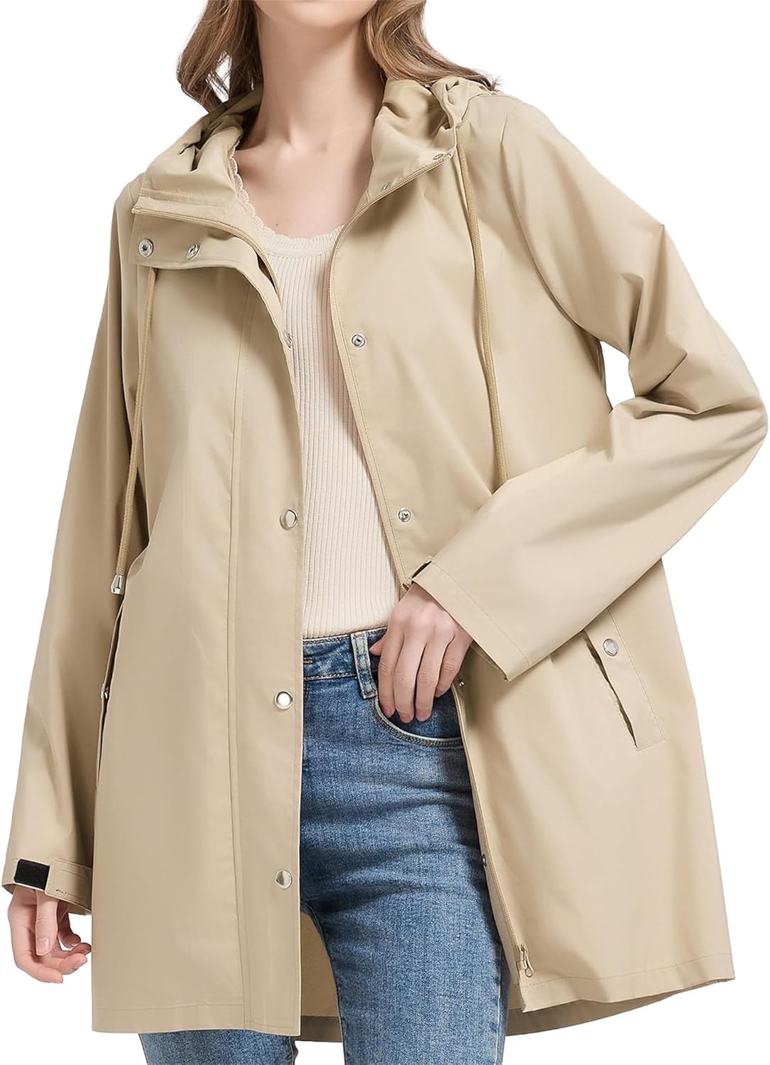 Lightweight Rain Jacket Women Waterproof Wind Breaker Waterproof Long Hooded Rain Jacket with Pockets for Travel Outdoor