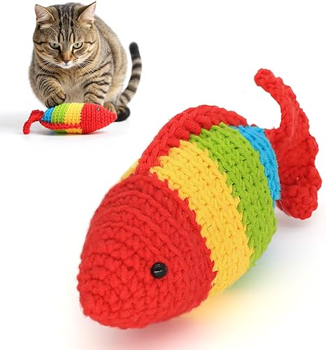 Juguete de gato de pez de ganchillo a mano con hierba gatera y campana, juguetes interactivos naturales para gatos de interior, juguetes suaves de