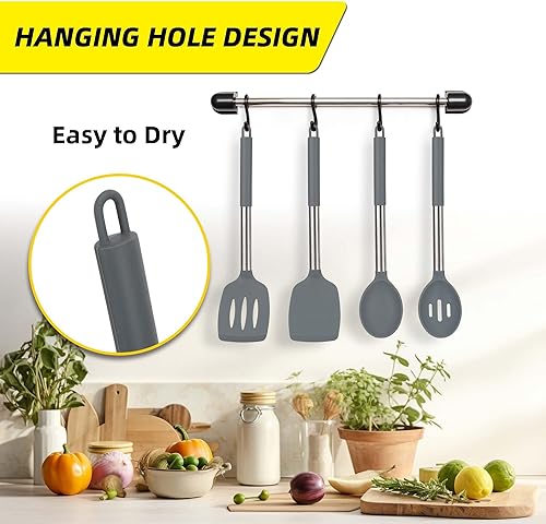 Miniatura 5 de Juego de 4 utensilios de silicona, espátulas sólidas antiadherentes, cucharas ranuradas con mango de acero inoxidable, espátulas para cocinar,