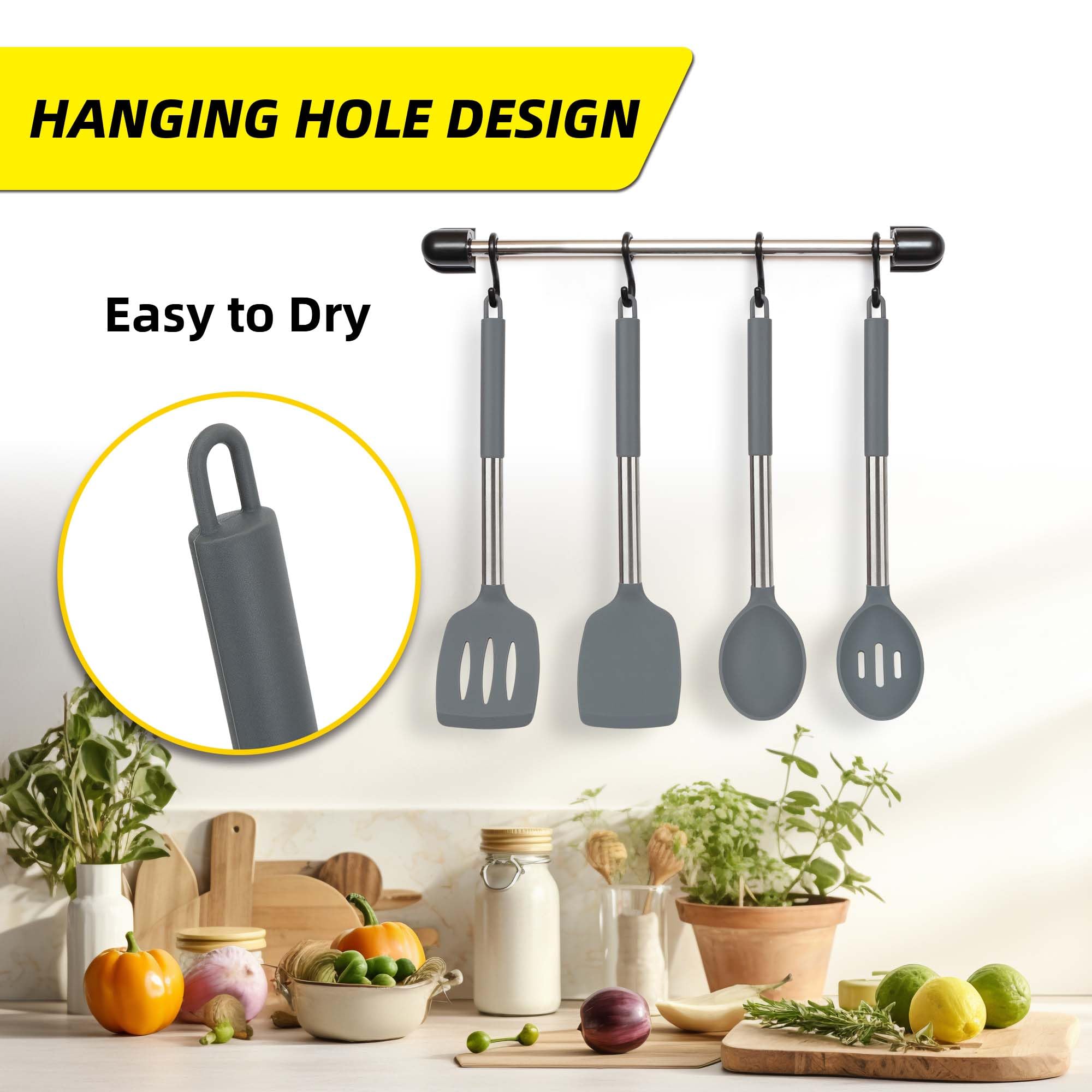 Juego de 4 utensilios de silicona, espátulas sólidas antiadherentes, cucharas ranuradas con mango de acero inoxidable, espátulas para cocinar, freír, mezclar, servir, color gris