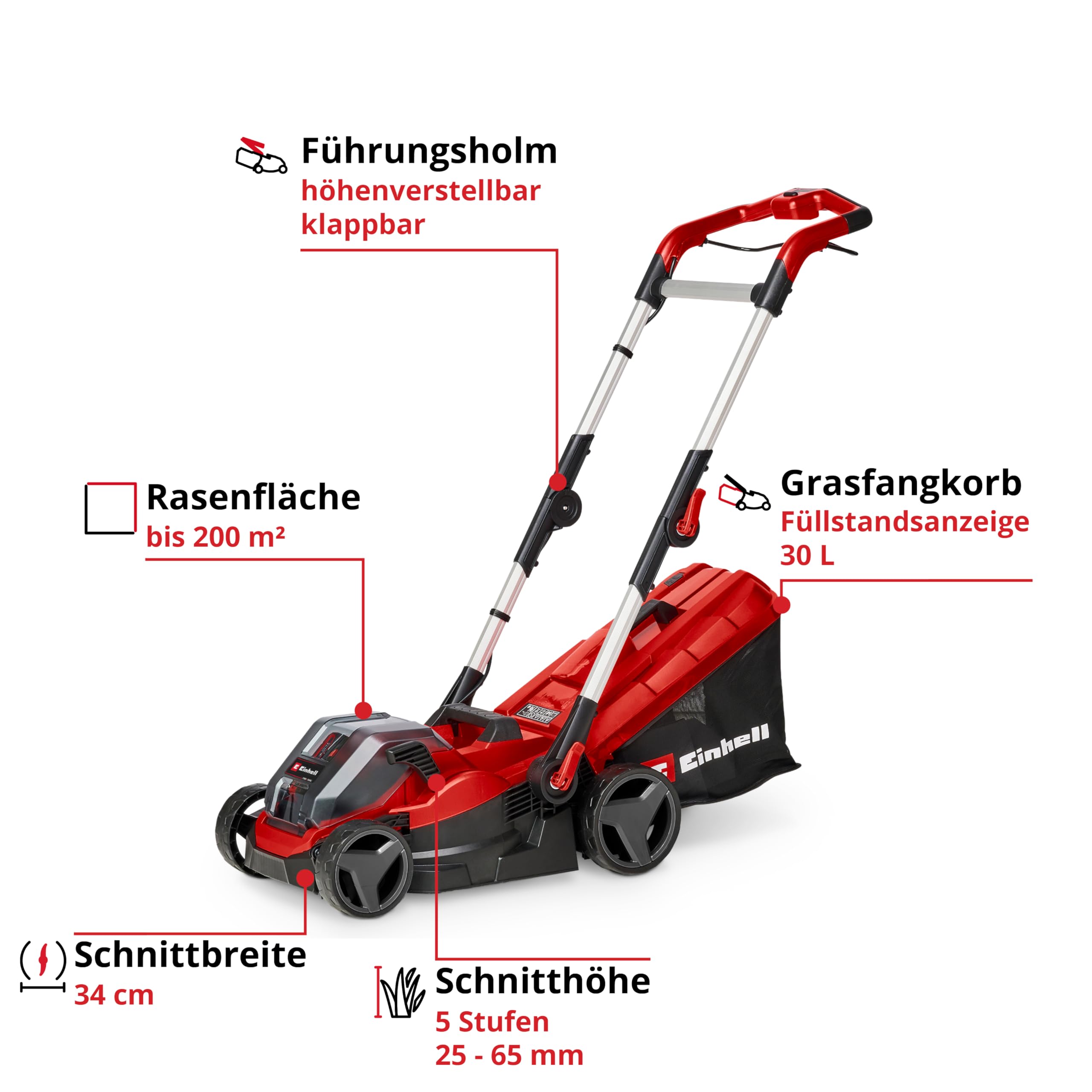 Einhell Akku-Rasenmäher GE-cm 36/34-1 Li-Solo Power X-Change (36 V, 34 cm Schnittbreite, bis 200 m², 30L Grasfangkorb, 25-65 mm Schnitthöhe, ohne Akku)