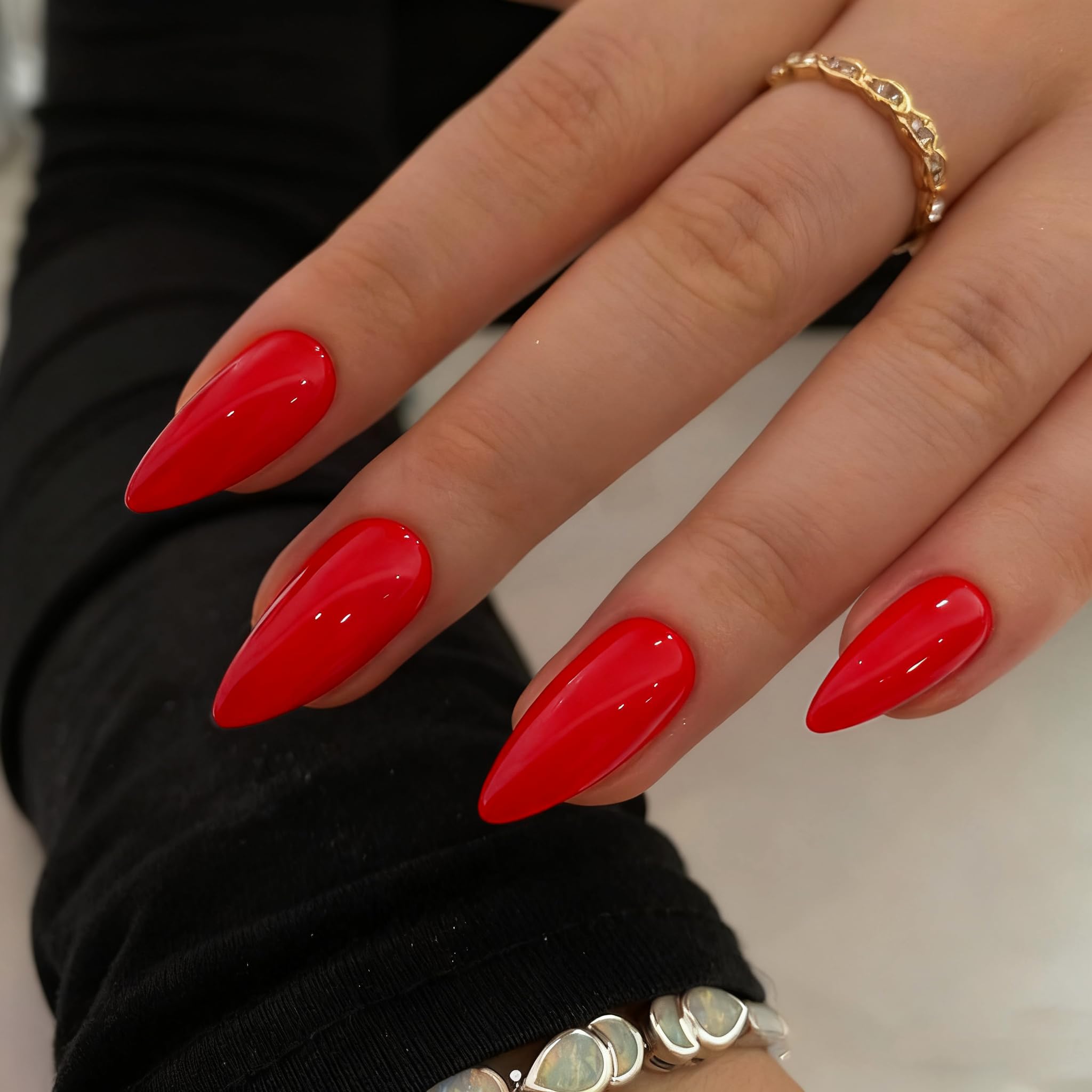 KQueenest Light Red Press on Nails Medium Stiletto Almond, Glossy Acrylic Nails Press on, Bright Solid Color Full Cover Medium Fake Nails Set, Stick on Nail for Women Finger Wear in 24 Pcs