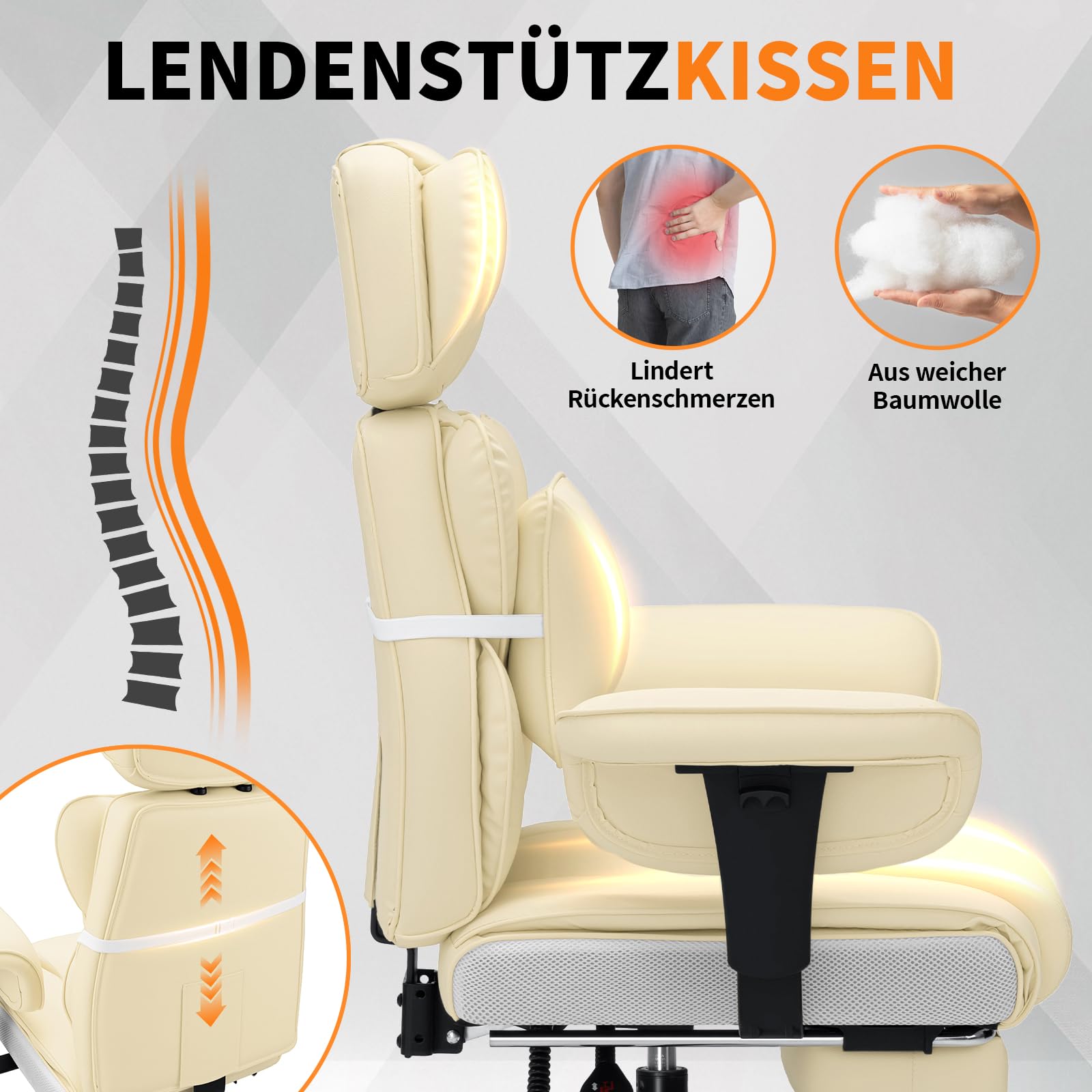HOFFREE Ergonomischer Bürostuhl mit Fußstütze PU Leder Chefsessel mit 155° Liegefunktion, Verstellbare Armlehnen und Kopfstütze, Bürosessel Chefsessel 200kg für Büro und Schlafzimmer (Beige)