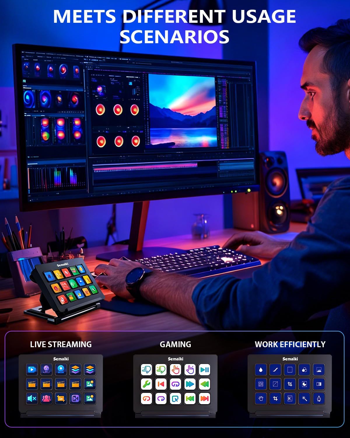 Semaiki Stream Controller Makrotastatur mit 15 anpassbaren LCD-Makrotasten, löst Aktionen in Apps und Software wie OBS, Twitch, Streamlabs, Discord, Mac & Windows aus