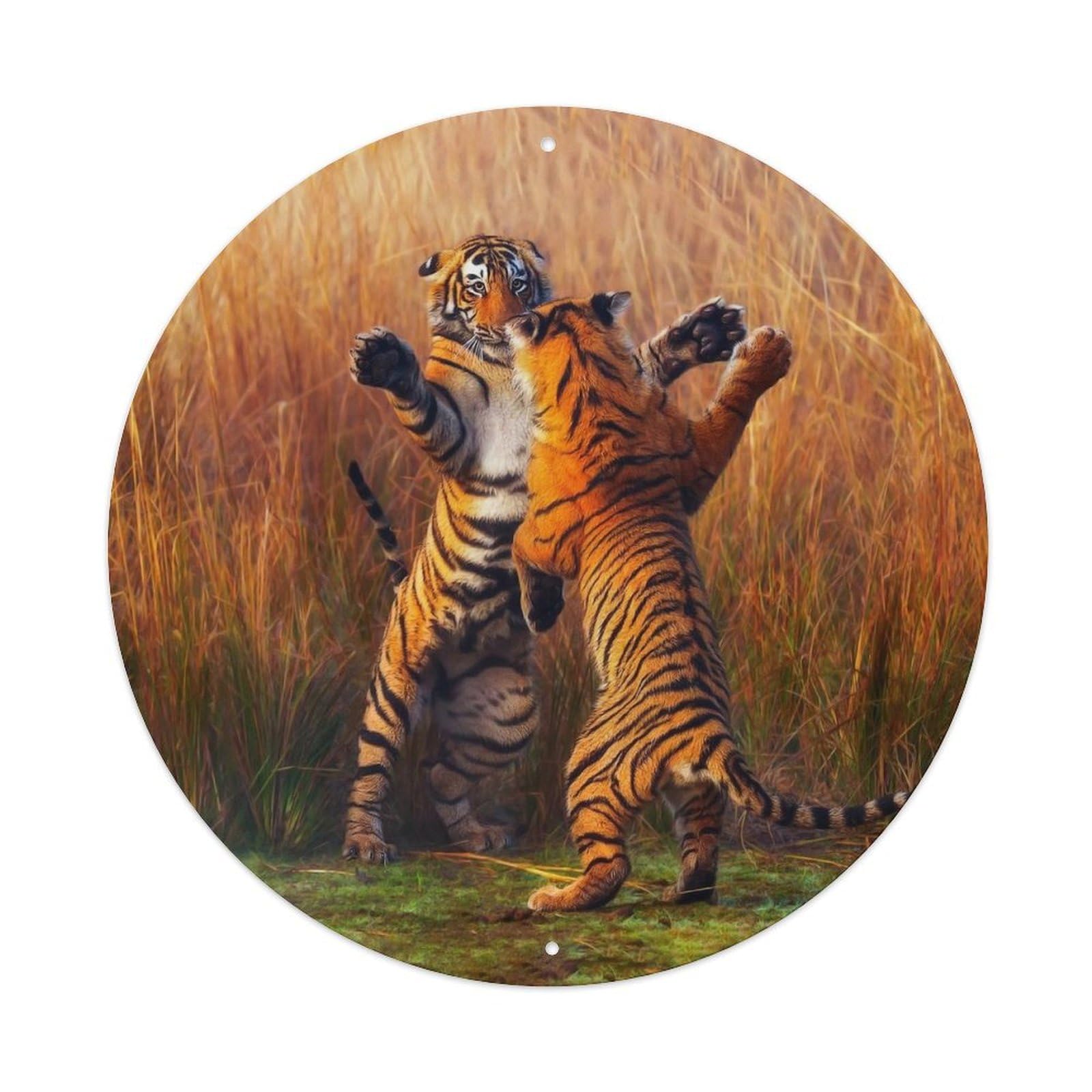 Two Tigers Fighting Grassland Wildlife Action Metal Tin Sign