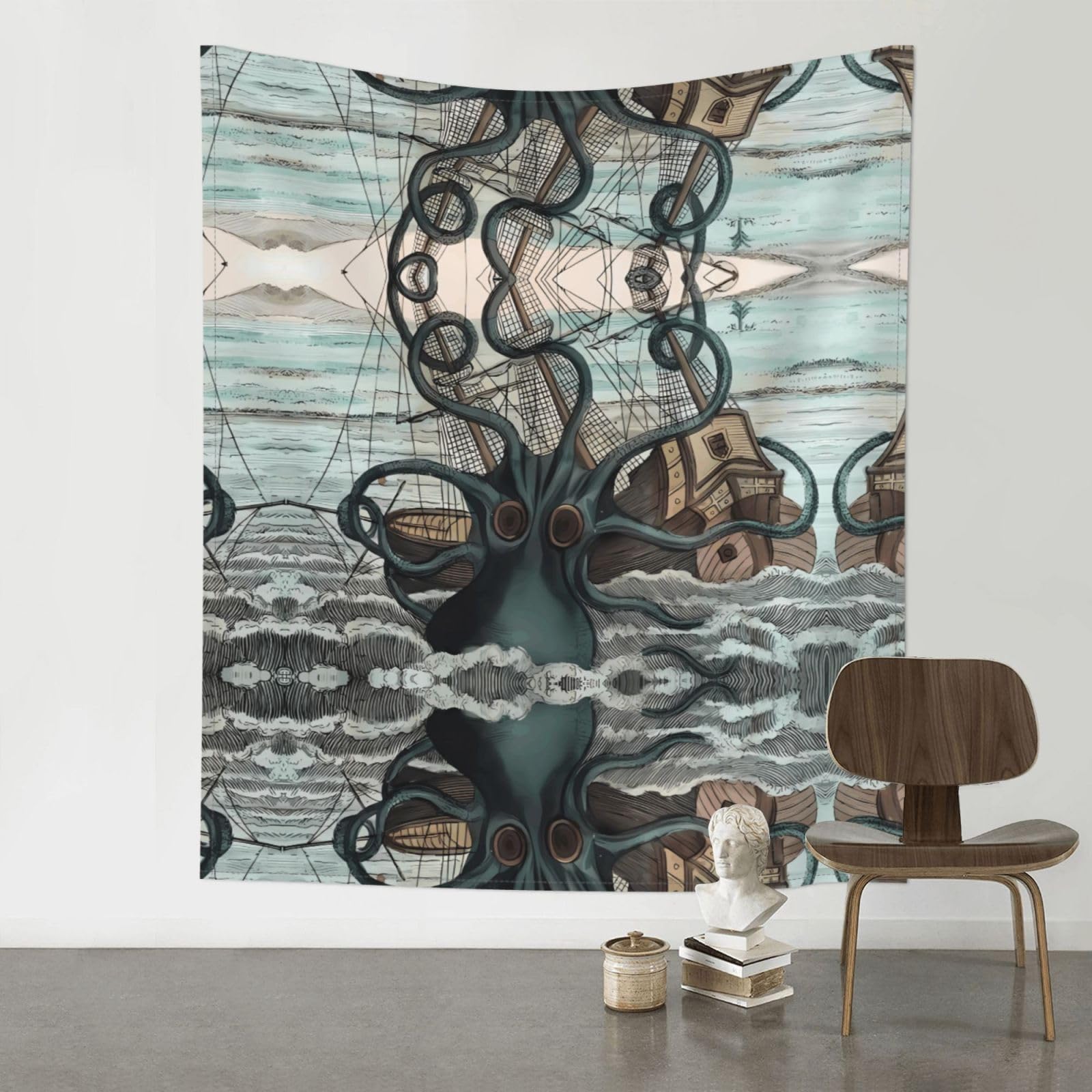 HJFCZH Octopus and boat Prints Wall Tapestry 60x51in – Boho Decor Throw for Bedroom, Dorm, Beach Cover & Picnic Blanket