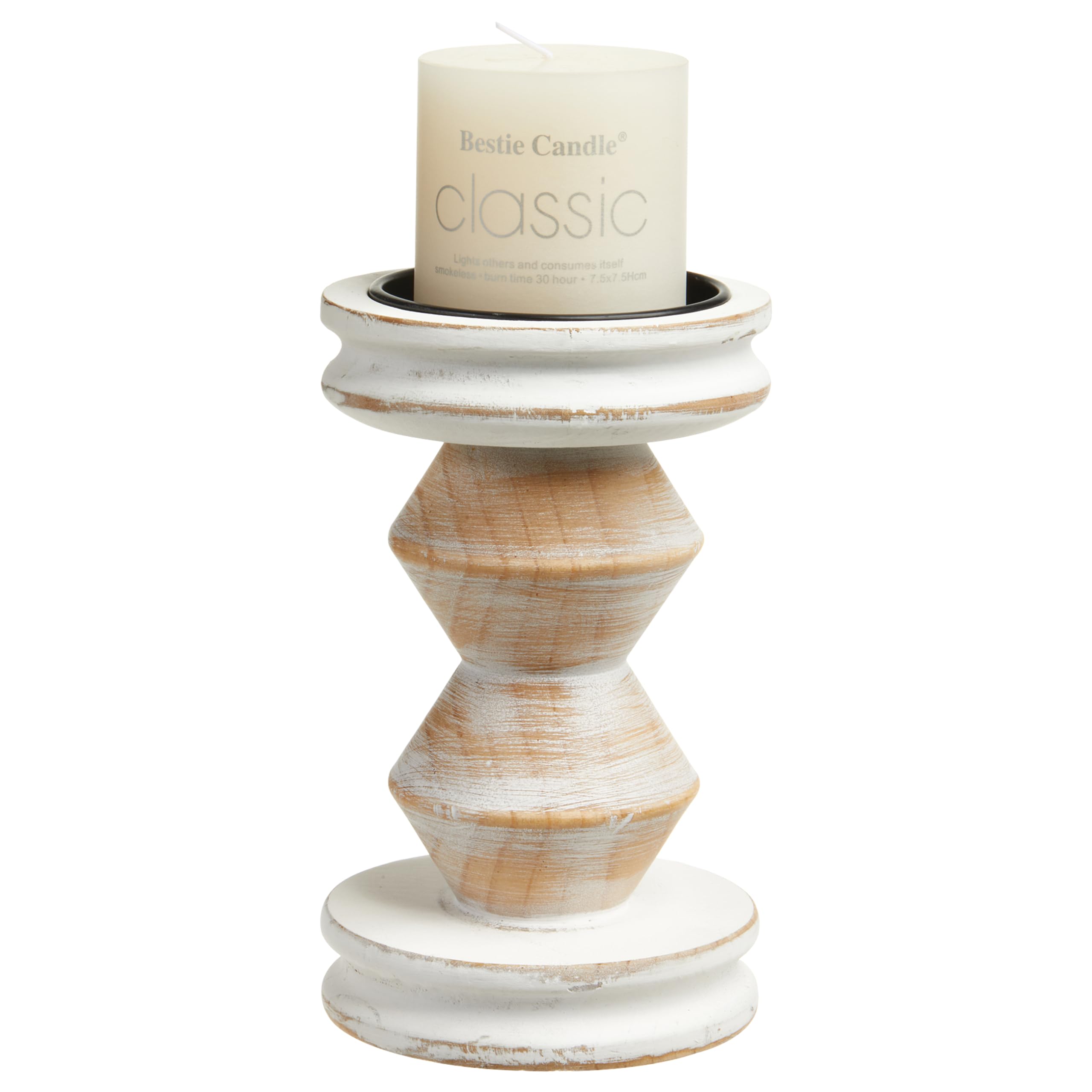 SOFE Rustic Wooden Pillar Candle Holder, Wash White and Brown Candle Holder Vintage Candle Stand for Living Room, Bedroom, 8 Inches Tall Farmhouse Boho Style Home Decor