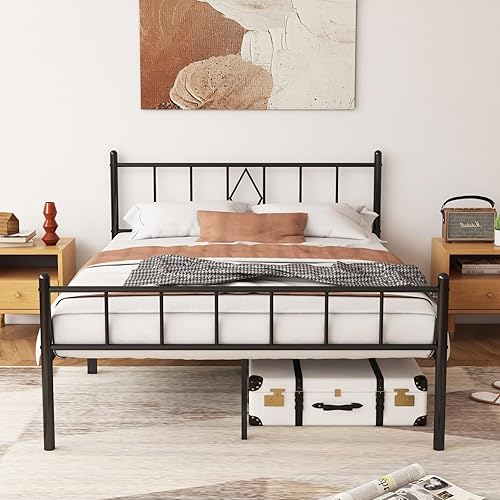 Base de cama de tamaño matrimonial de 14 pulgadas con plataforma de metal con cabecero, marco de cama matrimonial resistente, no necesita somier,