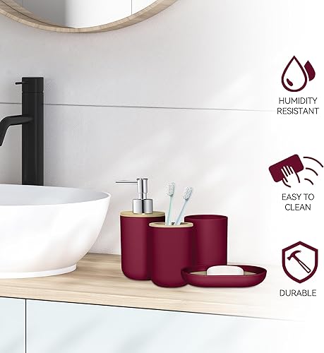 Miniatura 7 de Juego de 4 accesorios de baño rojo vino, accesorios de baño de bambú rojo vino, dispensador de jabón de plástico y soporte para cepillos de dientes,