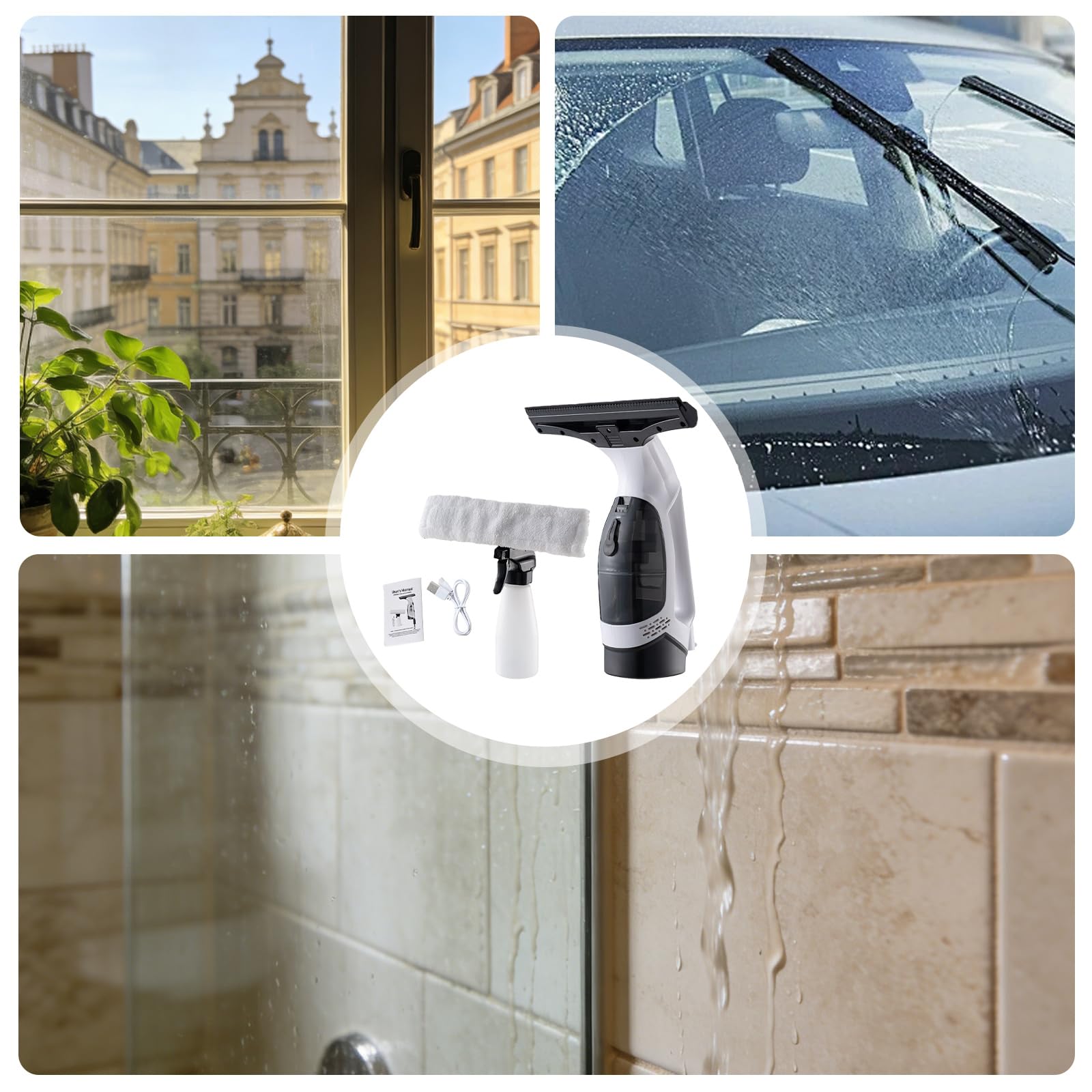 Nettoyeur de vitres électrique 150 ml : aspirateur de fenêtre sans fil avec vaporisateur de 300 ml et serpillère en microfibre, matériau plastique, nettoyant pour fenêtres, carreaux, miroirs, parois