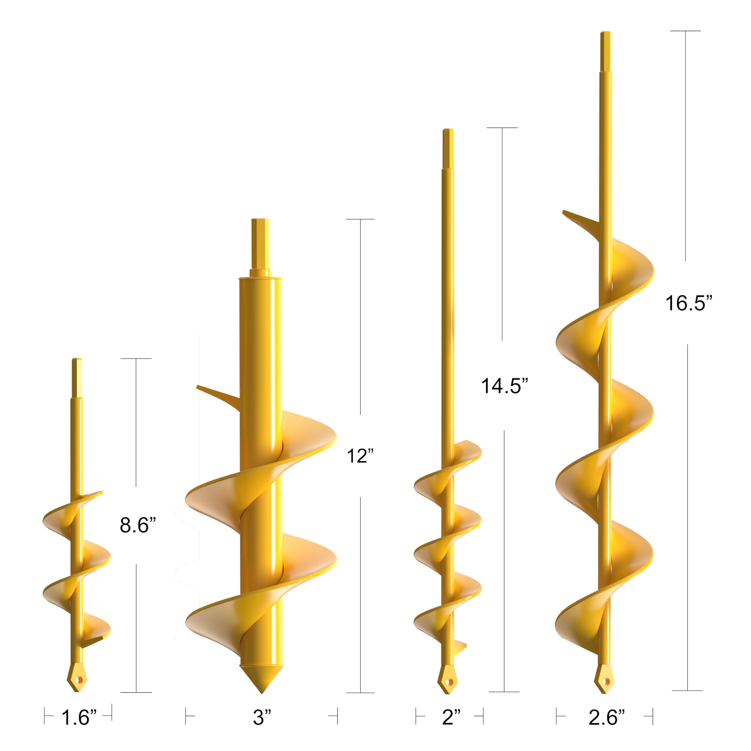 NAFOGAR Garden Auger Drill Bit for Planting - Pack of (4) - Garden Ground Earth Post Hole Digger Drill Auger for Gardening Bulb Bedding Digging Plant Rapid Planter for 3/8in Hex Drill (Yellow)