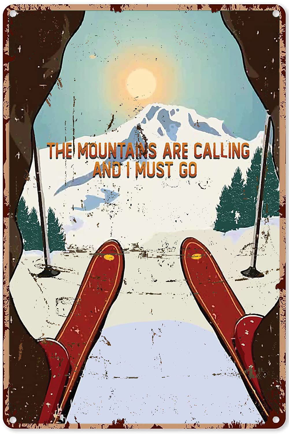 Yunking Vintage Metal Signs Vintage Ski Signs The Mountains Are Calling Skiing Metal Sign Decor Tin Aluminum Sign Rustic Wall Art Metal Poster 8X12 Inch