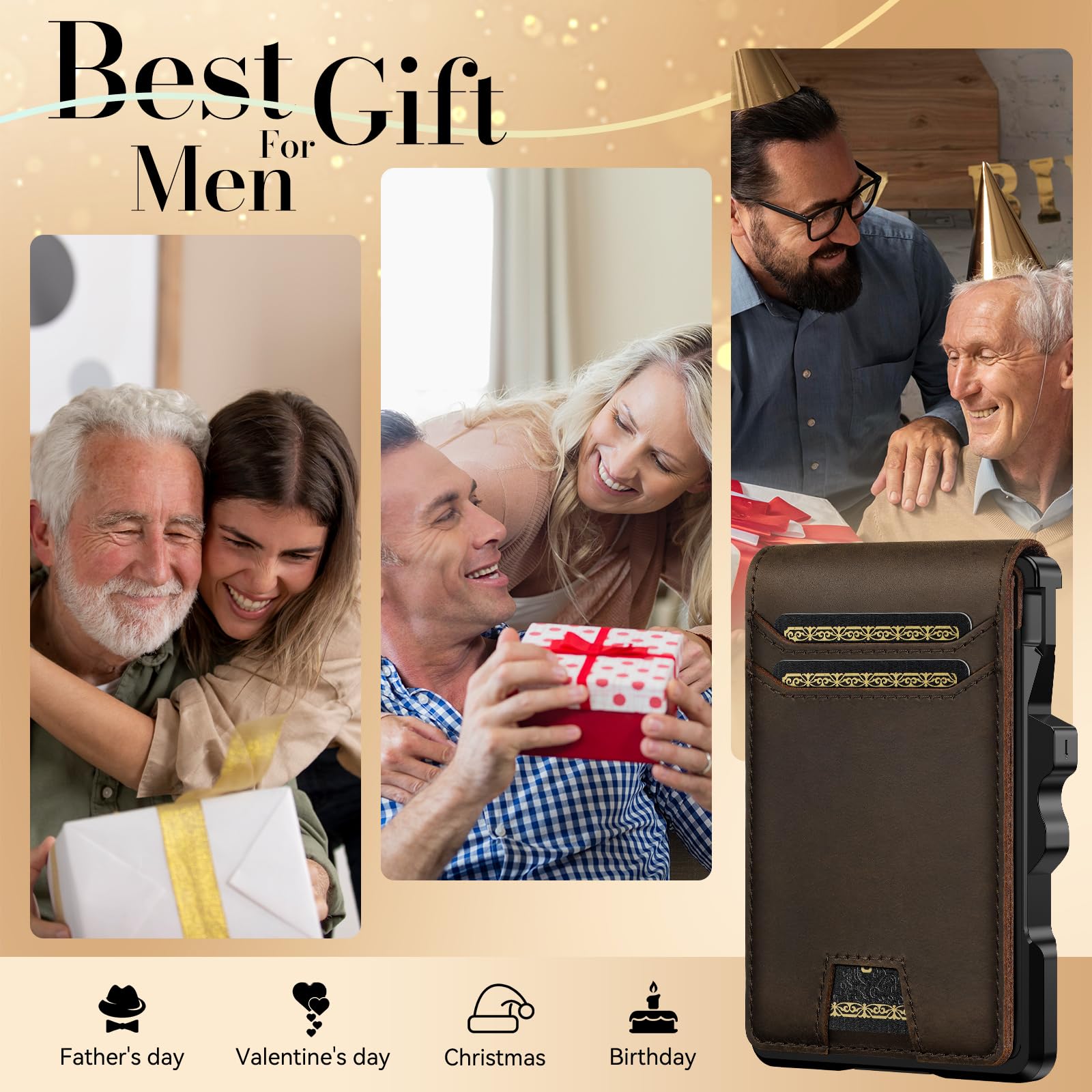 furid Genuine Leather Wallet for Men: Slim RFID Minimalist Wallets with Money Clip - Smart Pop Up Credit Card Holder for Front Pocket - Gifts for Husband Father on Birthday Anniversary