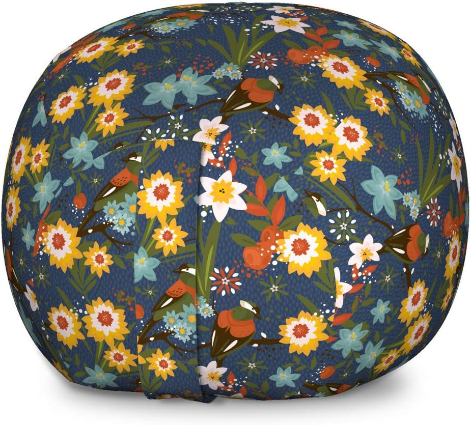 Ambesonne Floral Storage Toy Bag Chair, Vintage Birds Blossoms Art Abstract Arrangement with Berries Print, Stuffed Animal Organizer Washable Bag, Large Size, Multicolor