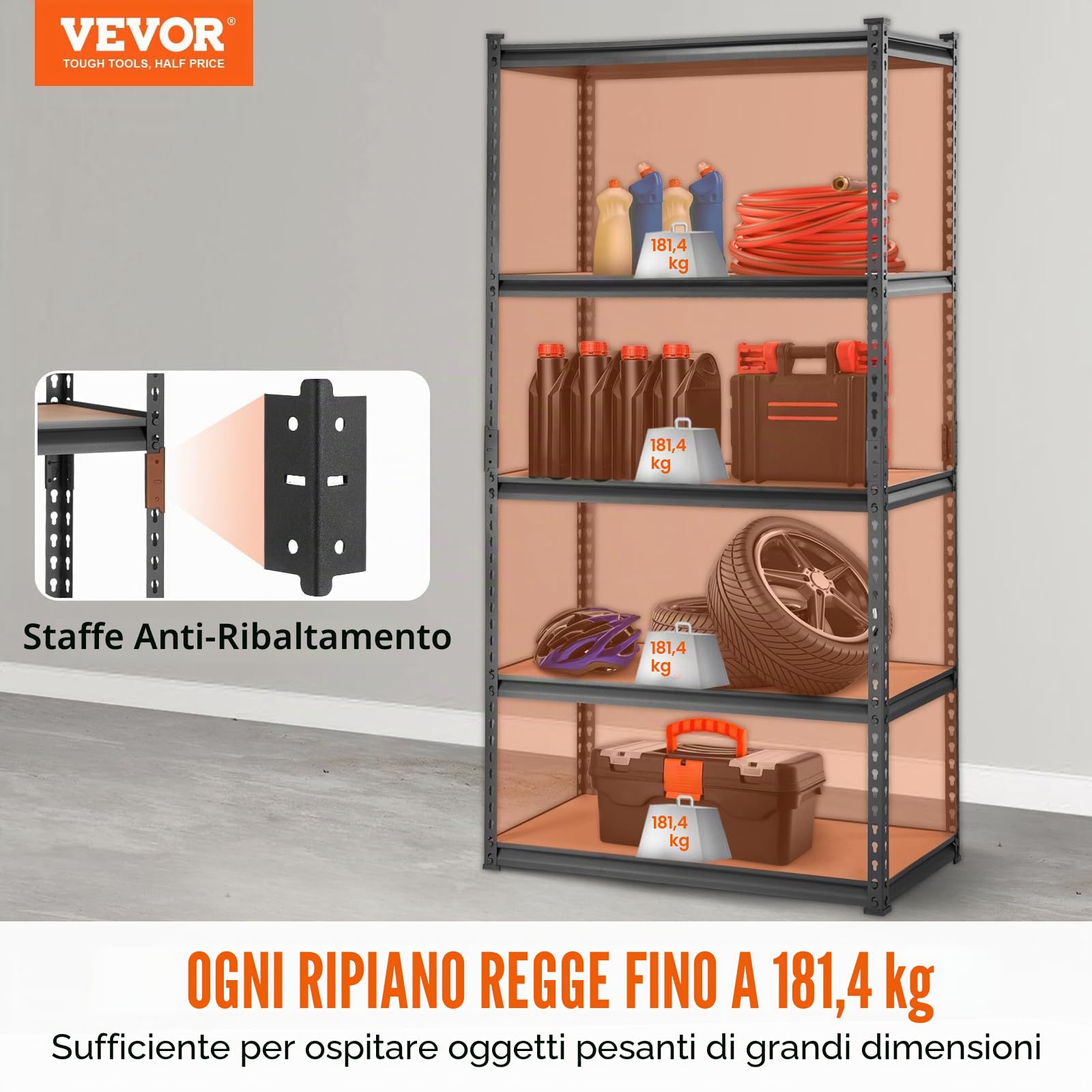 VEVOR Scaffale per Carico Pesante da Garage Officina Cantina 5 Ripiani in Metallo Carico Totale Massima 907,2kg, Scaffale in Metallo Altezza Ripiano Regolabile 90x45x182,88 cm, Scaffale per Magazzino