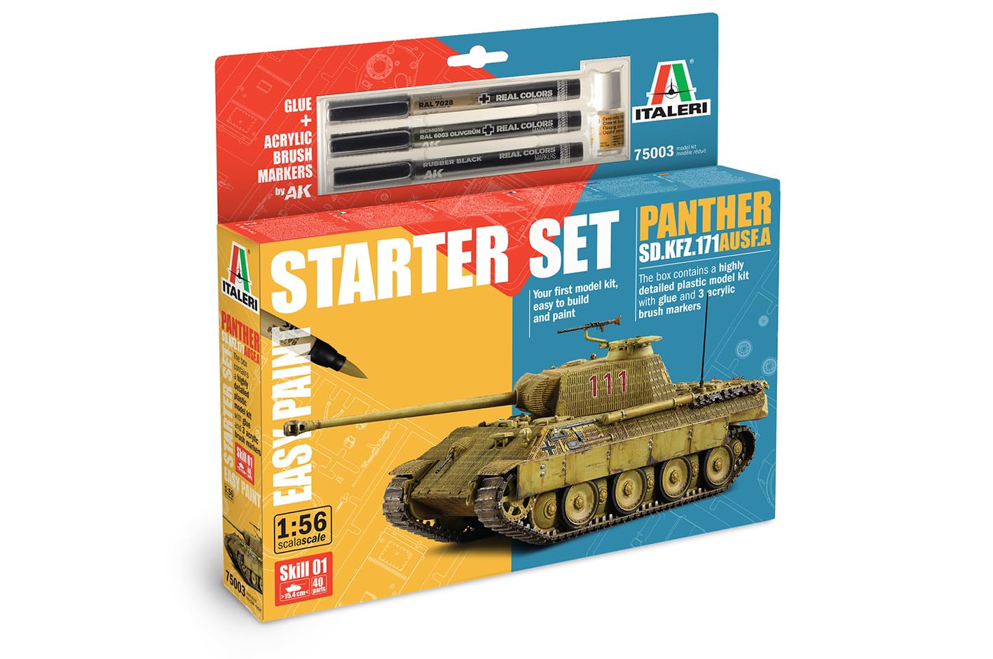Italeri 75003 Linea Starter Set - Easy Paint: Panther Sd.Kfz.171 Ausf.A, scala 1:56, Plastic Model Kit/Modello in plastica da montare, comprende colla e 3 pennarelli acrilici per la pittura