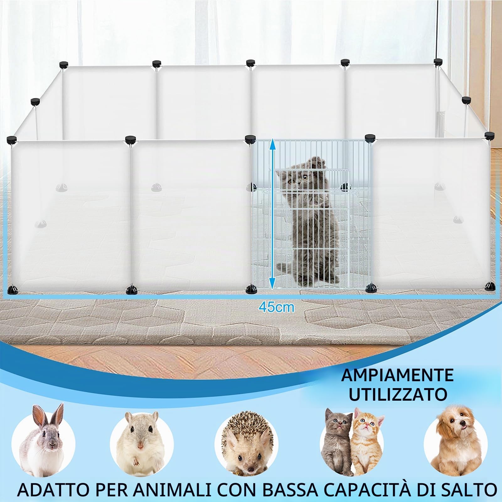 HENGMEI Recinto da esterno, Griglia Recinto per Conigli, Gabbia per Porcellini d'India, Gabbia per Piccoli Animali, Recinto per Cuccioli per Interni ed Esterni, Trasparente, 145x75x48cm (Con Porta)