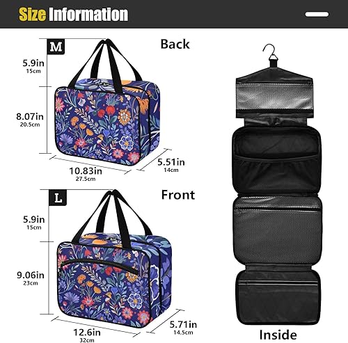 Miniatura 3 de Bolsa de aseo floral vintage azul colgante para mujer con gancho, bolsa plegable de diseñador para artículos de aseo personal para mujer, bolso de