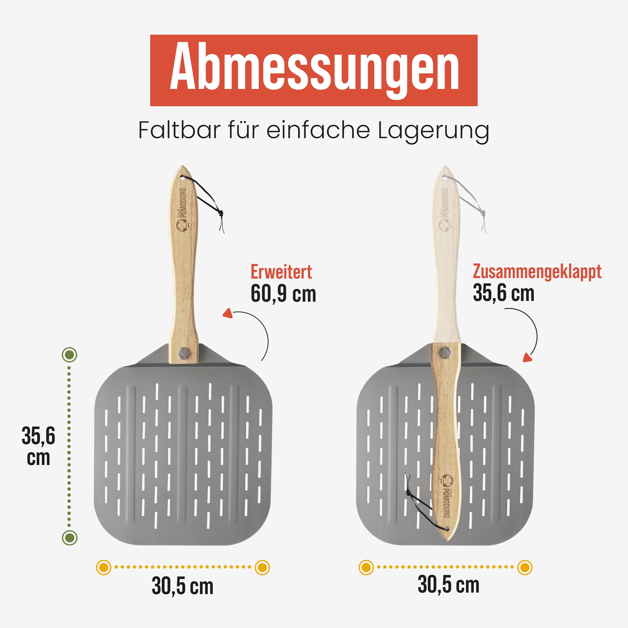 Chef Pomodoro - Pizzaschieber - 30,5 x 35,6 cm - Faltbarer Griff - Perforierte Aluminium Pizzaschaufel zum einfachen Einschieben des Pizzateigs - Perfekt als Backofenzubehör und für Hobby Pizzabäcker