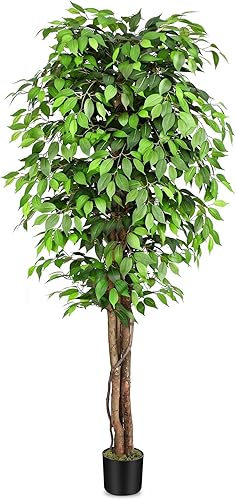 Keeplush Árboles artificiales de ficus grandes de 7 pies con troncos curvados naturales, árbol sintético exuberante de 84 pulgadas de alto para