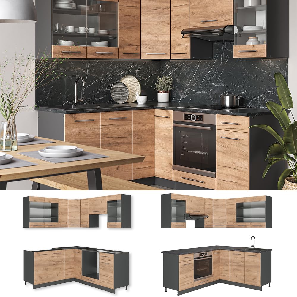 Vicco Cucina angolare completa Fame-Line, Rovere dorato/antracite, 190 x 46 cm senza piano di lavoro, adatto per l'espansione individuale con moduli aggiuntivi