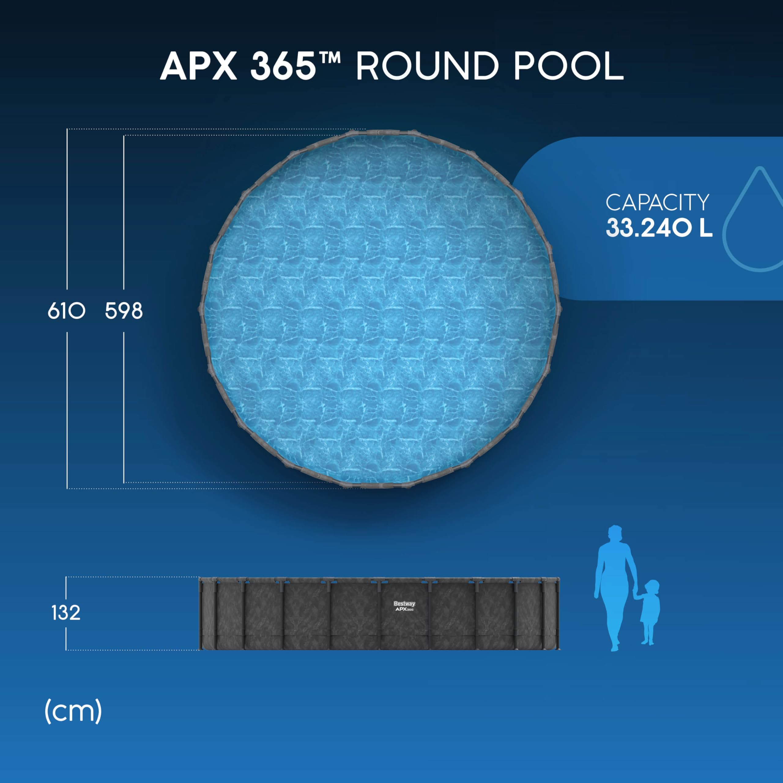 Bestway Kit Piscine Hors Sol Ronde APX 365-610 cm x 610 cm x 132 cm - Gris foncé