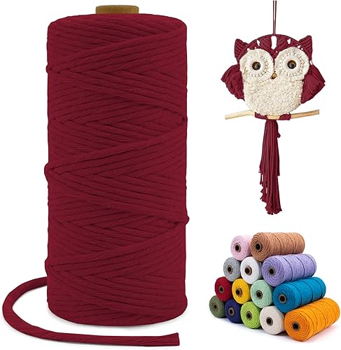 LEREATI Cuerda de macramé de una hebra de 0.118 in x 110 yardas, color rojo vino de 0.118 in, cuerda de algodón natural, cuerda de algodón grueso