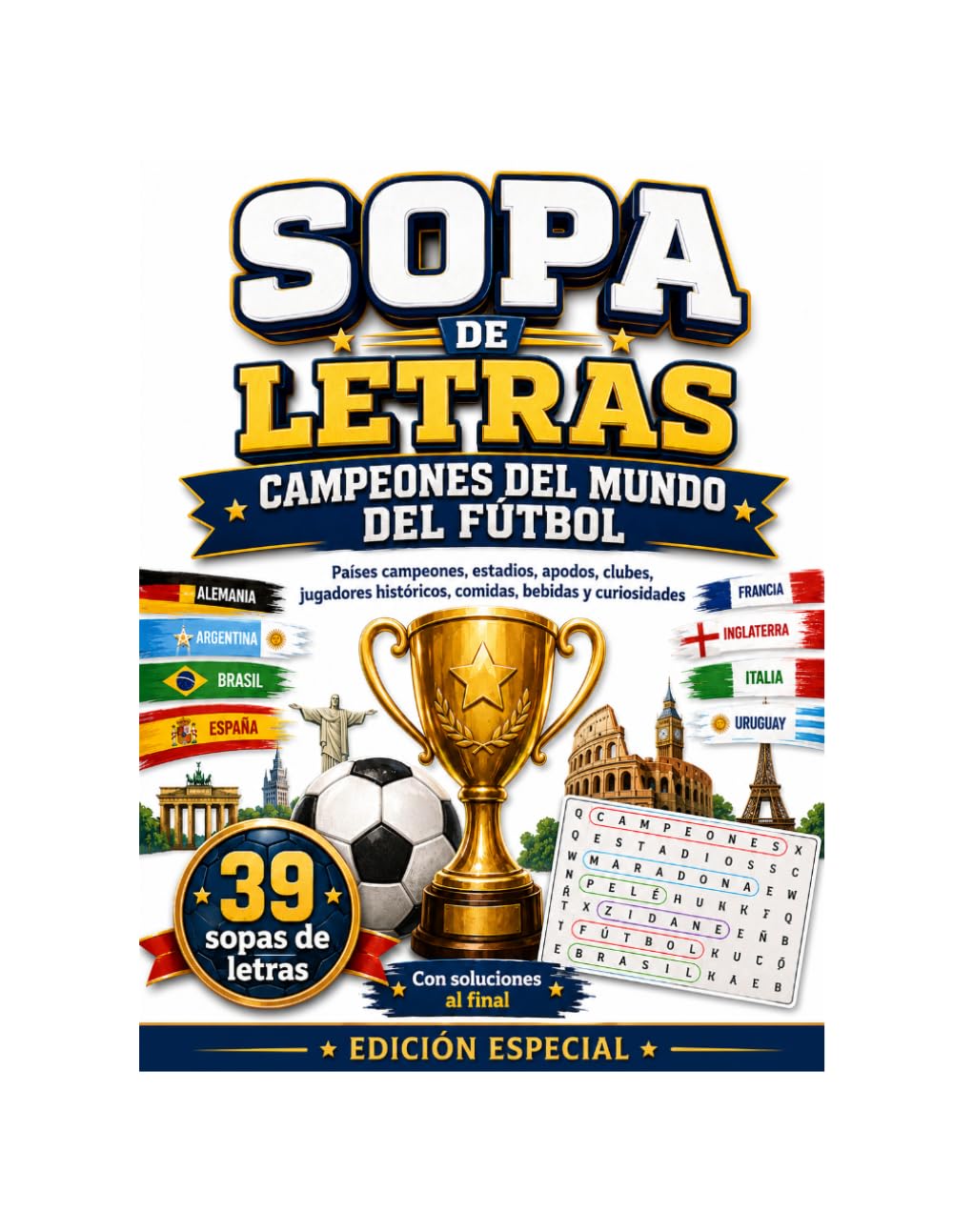 SOPA DE LETRAS CAMPEONES DEL MUNDO DEL FÚTBOL: Descubre y encuentra a los países que han levantado la Copa del Mundo.