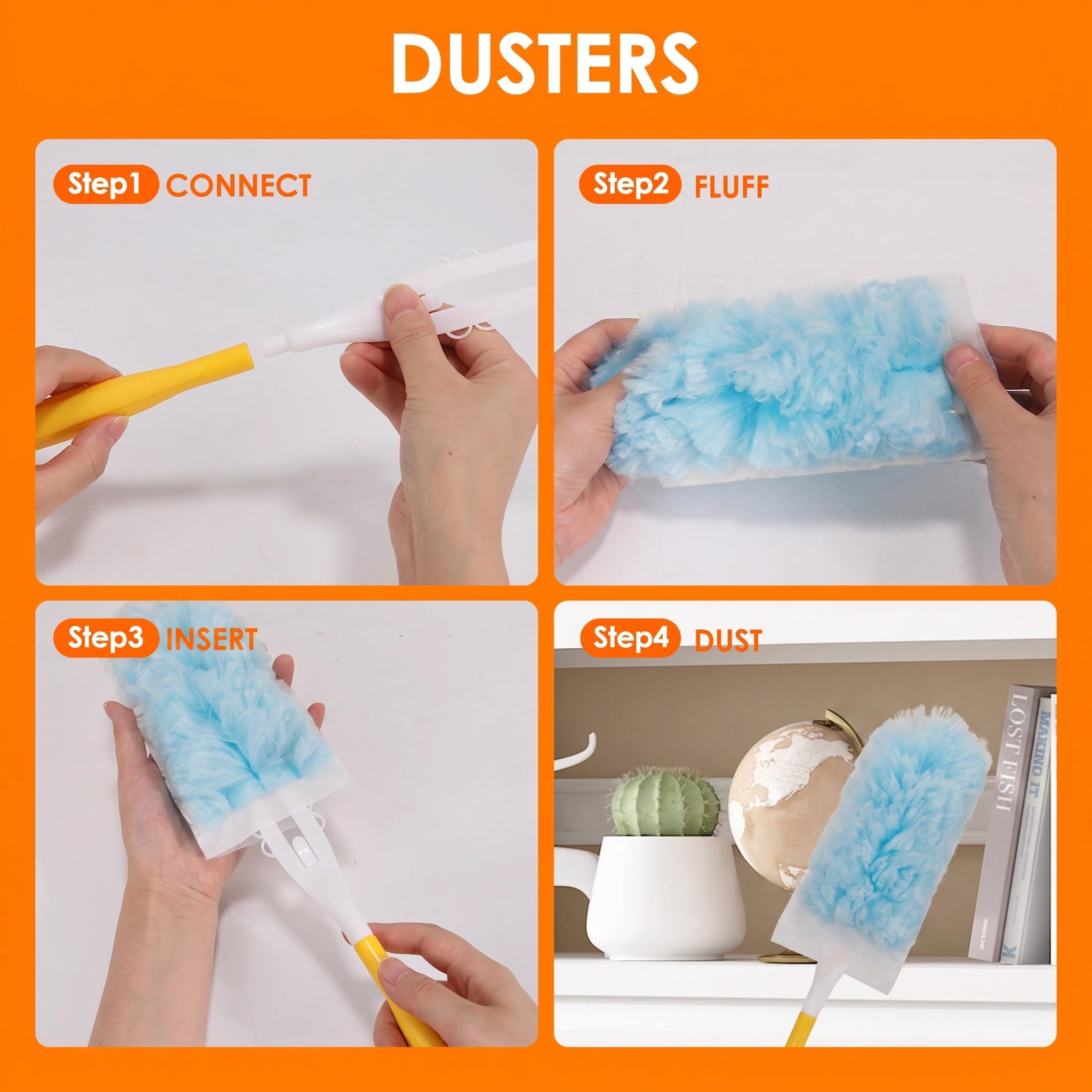 Wkłady do kurzu o dużej wytrzymałości, 50 sztuk, 360, kompatybilne z Swiffer Dusters do czyszczenia domu, bezzapachowe, jednorazowe, niebieskie (50 sztuk + 3 uchwyty)