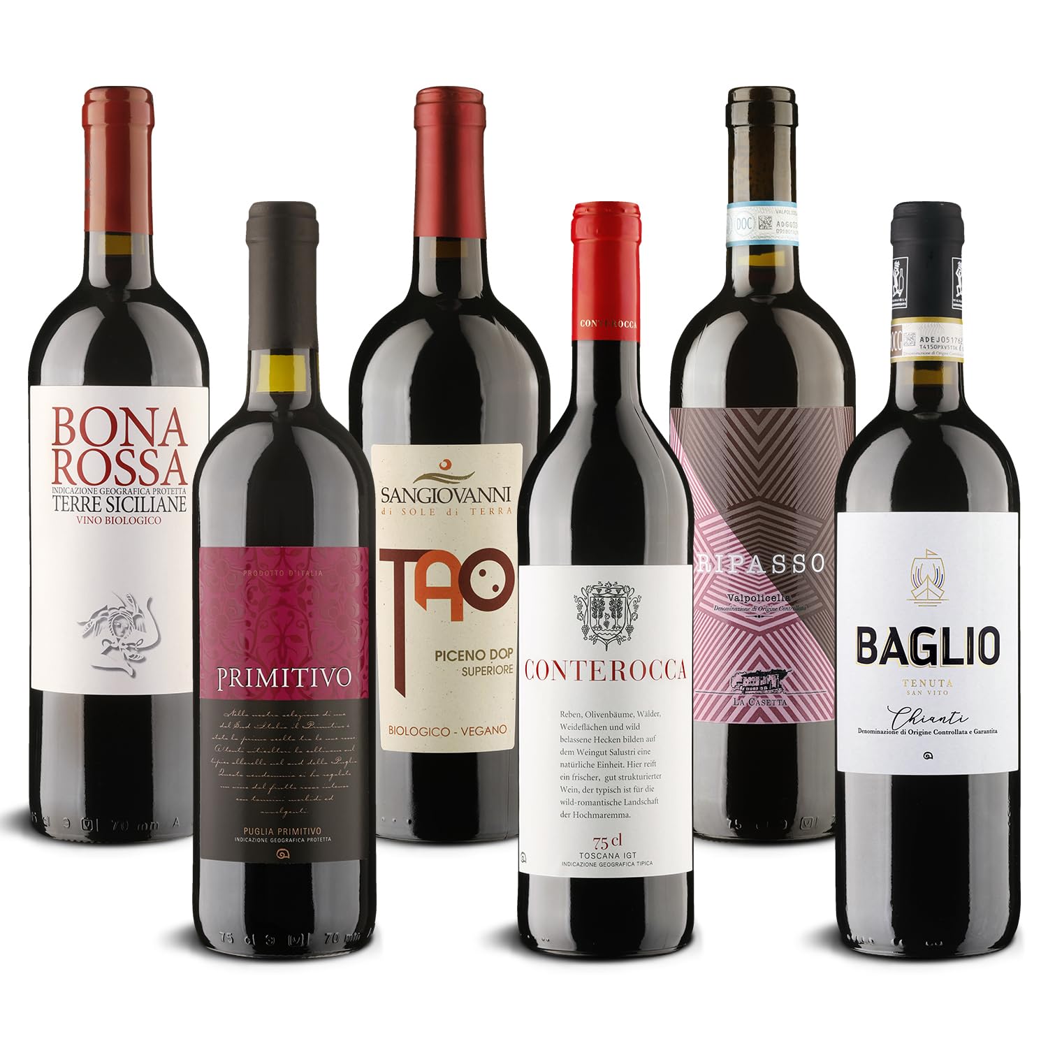 DELINAT – Wein Probierpaket Bella Italia – Weinset mit Bio Rotwein aus Italien – 5x trocken & 1x halbtrocken, vegan (6 x 0,75l)