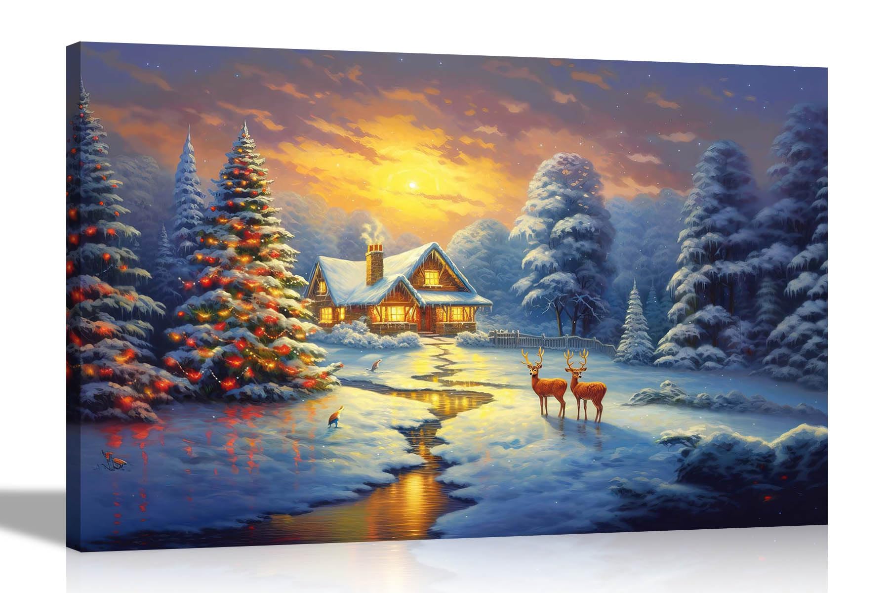 Artley Prints House, Trees And Deers - Country House Christmas Trees And Deers Canvas Art Prints Oil Painting Reprint Framed And Ready To Hang Large 86 X 61Cm (34 X 24 Inches) A1